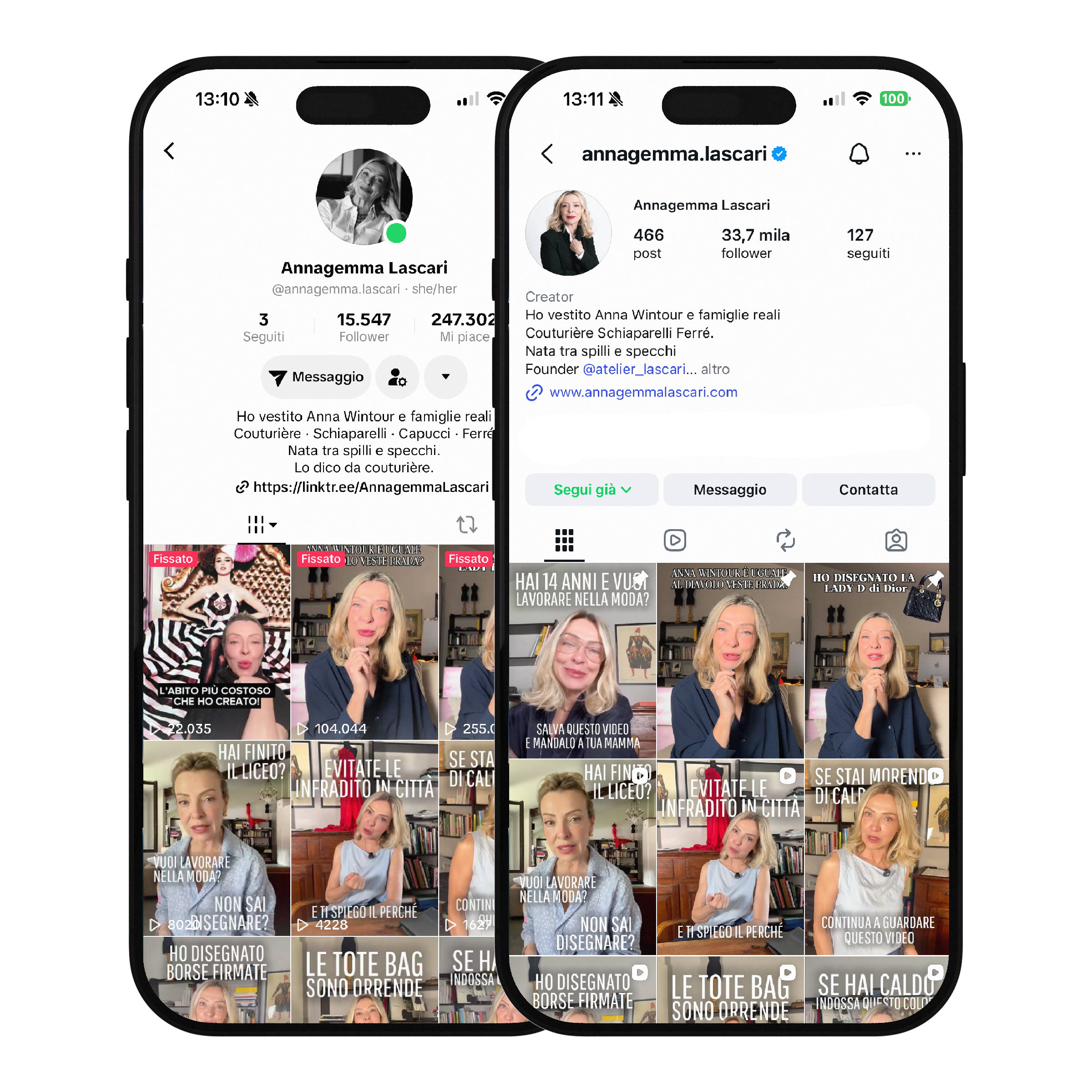 Schermo di cellulare con profilo Instagram di Annagemma Lascari, foto di una donna che parla in un video, con vari video di lei e il testo in italiano sulle sue attività e vestiario.
