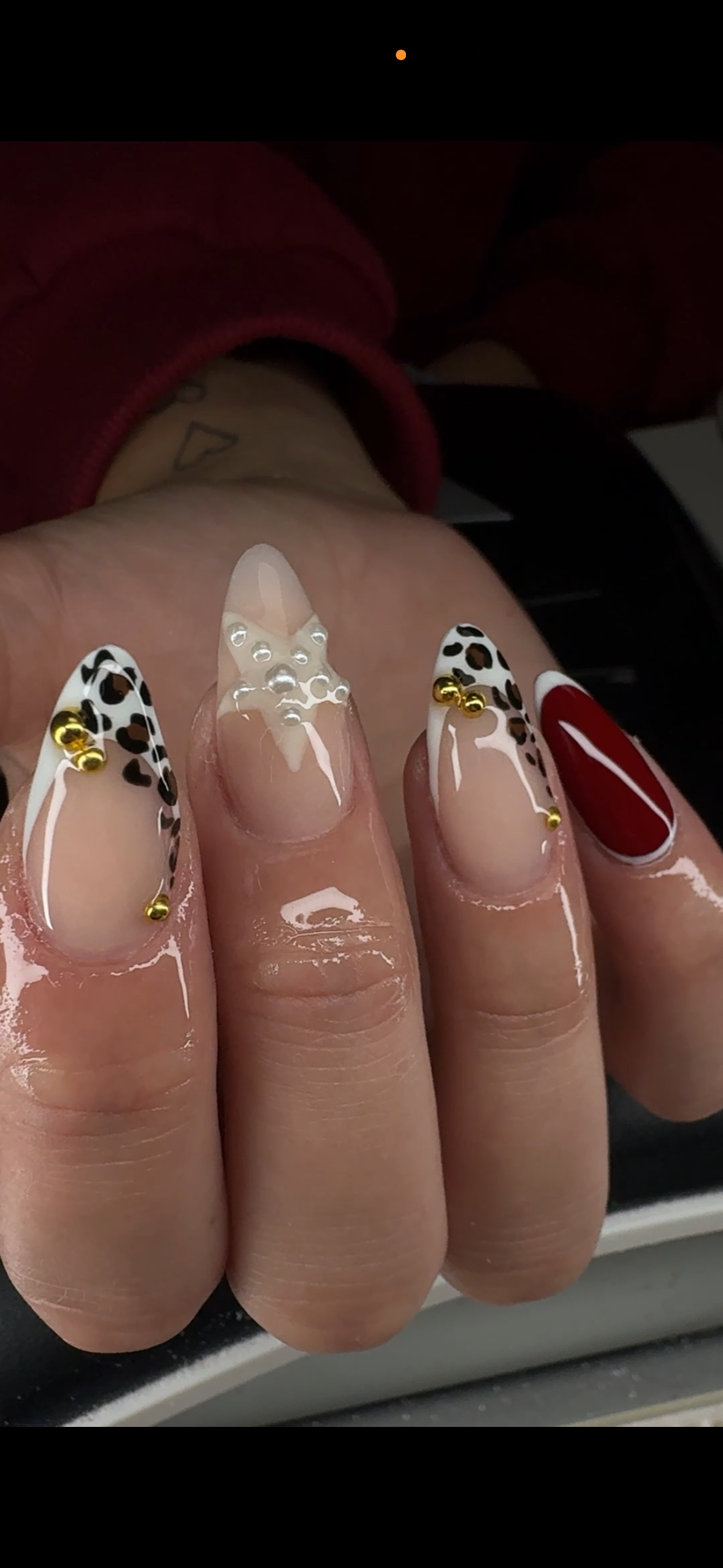 Close-up of a hand with manicured nails featuring leopard print, red, and gold accents.