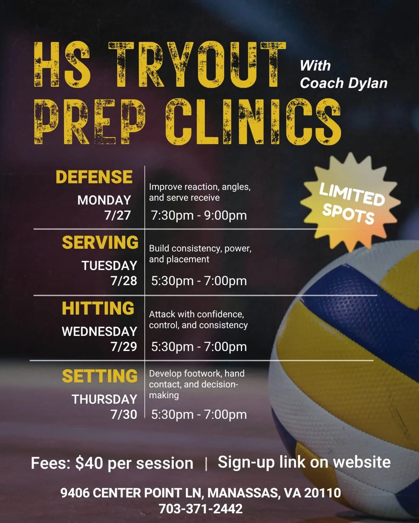 🏐 DIALED IN with Coach Dylan 🏐

Due to demand, we are expanding our HS tryout prep training series! &ldquo;Dialed In&rdquo; trains one skill each day, drilled until it&rsquo;s automatic.

No split focus. No rushed reps. Just isolated, focused work 