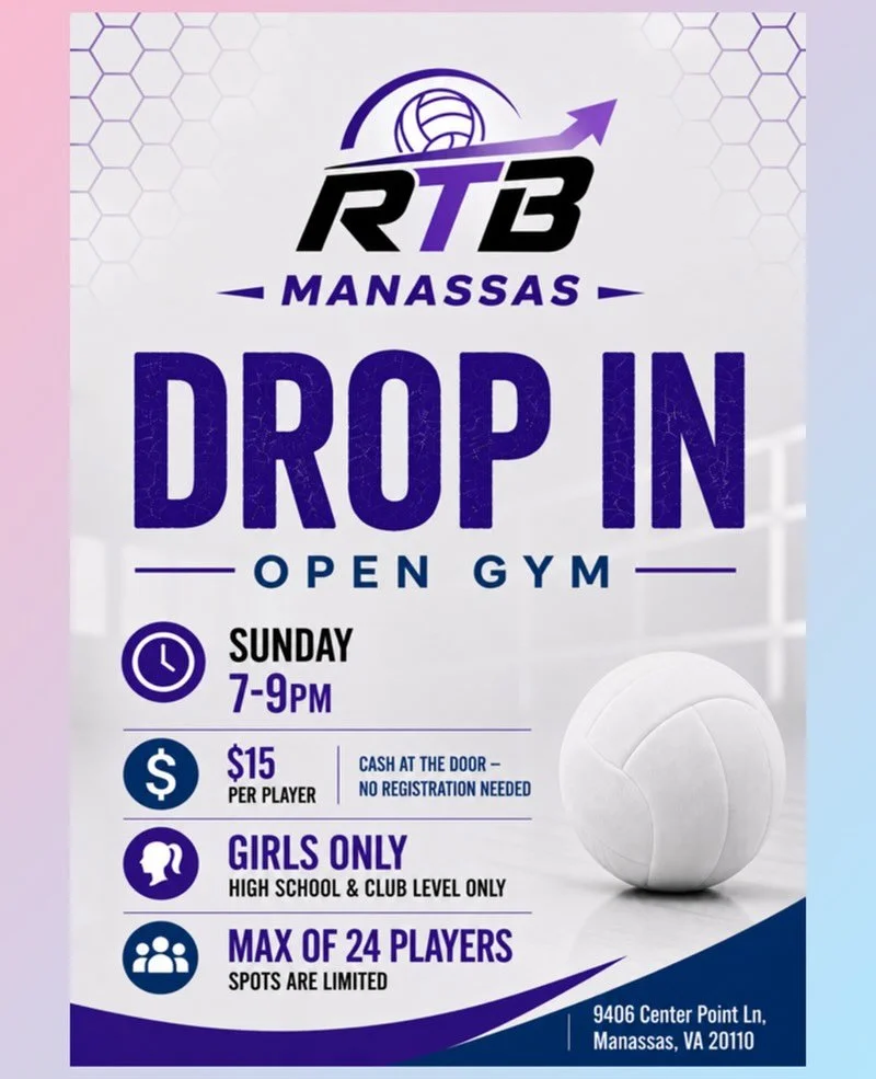 🏐 The court at RTB Manassas is available tomorrow evening, so we are opening our doors for a drop-in open gym!

No advance registration, no cameras, no giveaways - just great volleyball in a more intimate setting at RTB Manassas. 

📍 RTB Manassas (