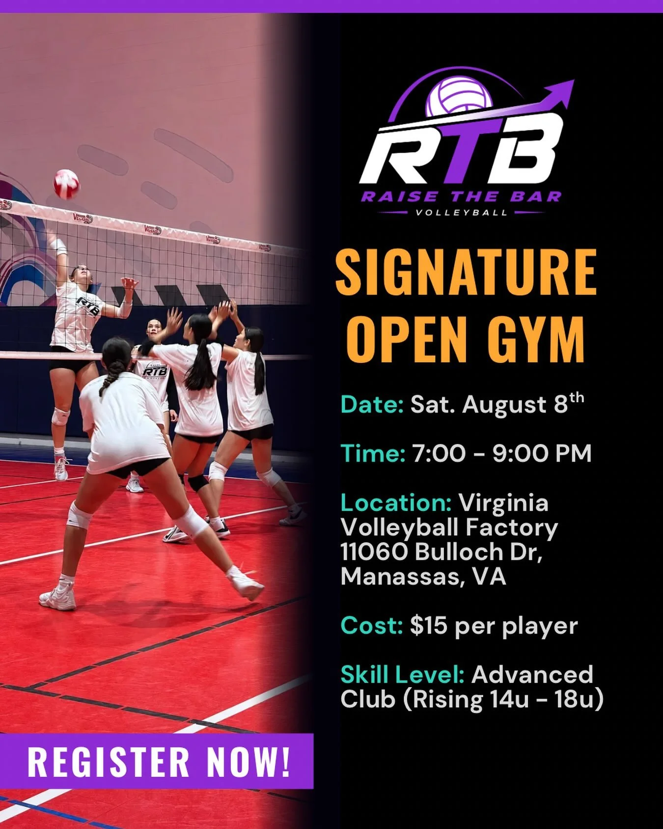 🏐 REGISTER NOW FOR OUR NEXT SIGNATURE OPEN GYM!

30-50 players. Multiple courts. Non-stop, high-energy competitive play. This is  RTB at its best.

Our coaches have a few surprises up their sleeves this time&hellip; 👀 you&rsquo;re gonna want to be 
