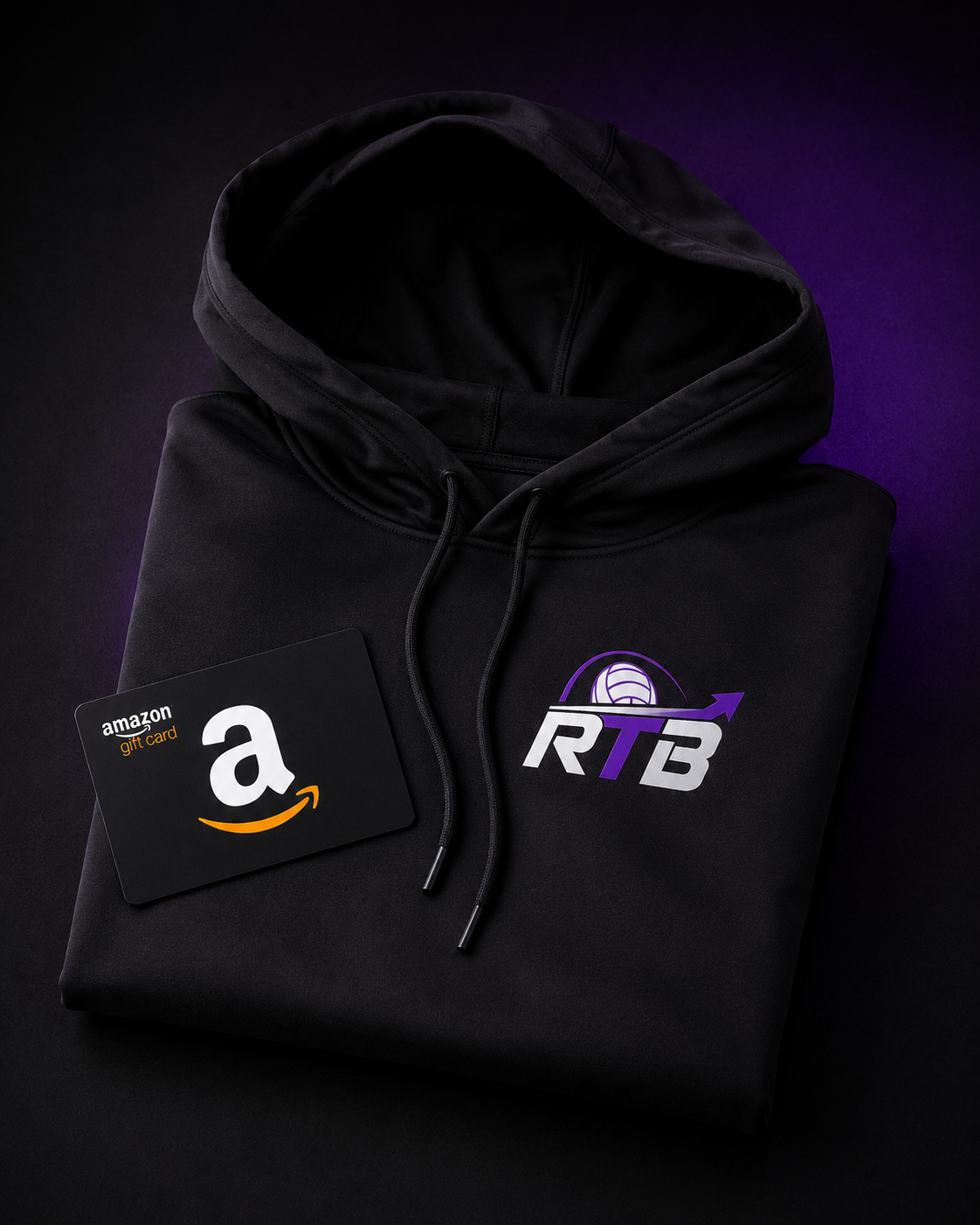 Black hoodie with RTB logo and Amazon gift card attached