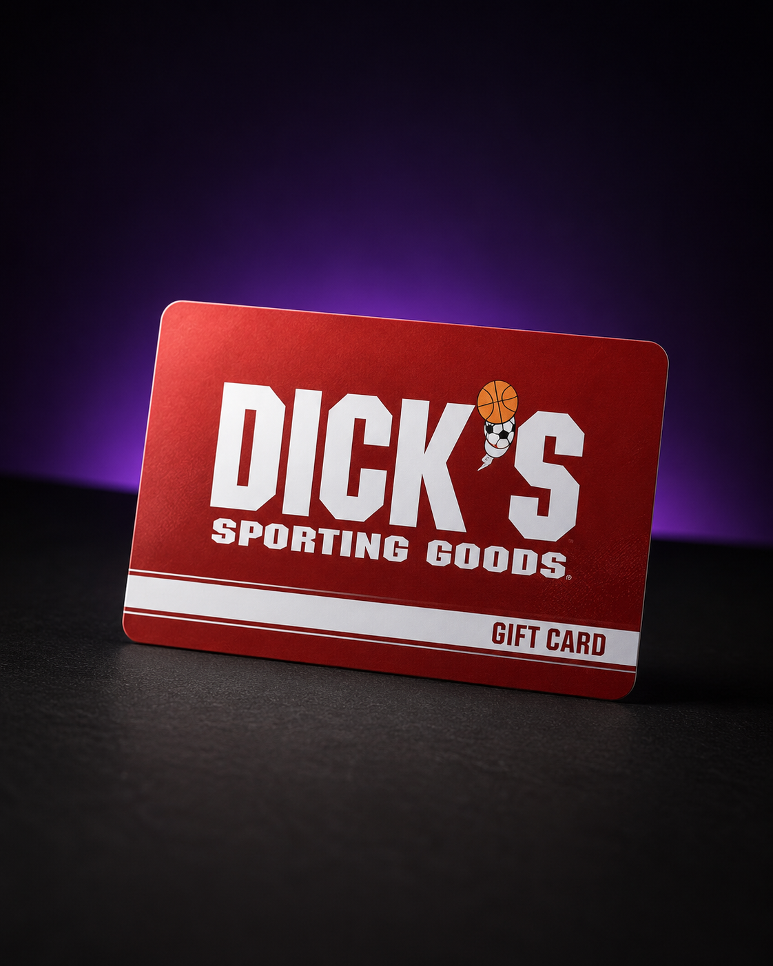 Red gift card for Ducks Sporting Goods featuring a basketball and football illustration and text.