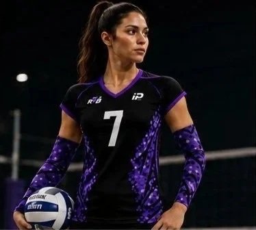 Female volleyball player wearing a black and purple uniform with the number 7, holding a volleyball.