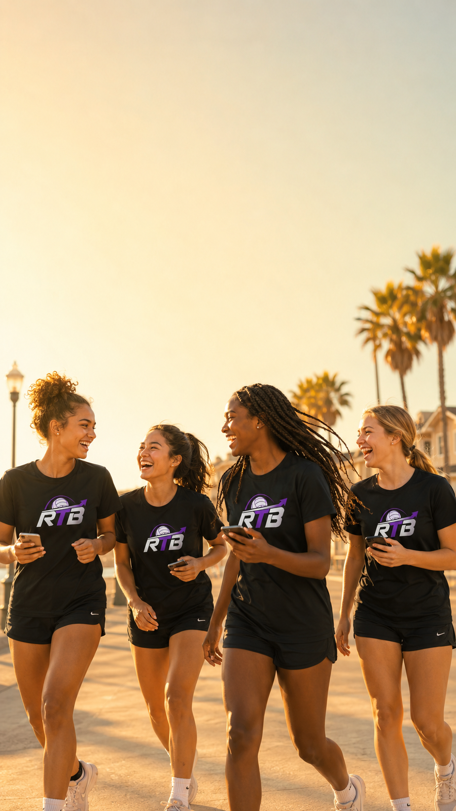 Four women in athletic clothing walking outdoors at sunset, smiling and holding smartphones, with palm trees in the background.