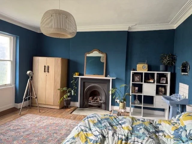 Living room with blue walls, a white ceiling, and hardwood floors. There is a window on the left, a beige ceiling light, a wooden wardrobe, a vintage mirror above a fireplace, and multiple potted plants. A white shelving unit with decorative items an