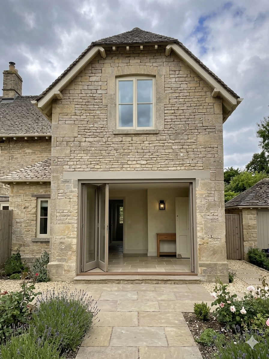 Front view of a two-story house with a stone exterior and a gable roof, a large window on the second floor, and a folding glass door open to reveal an interior hallway with a small wooden table and a wall sconce. The house has a stone pathway and landscaped garden in the front.