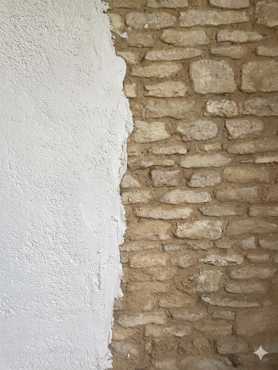 Close-up of a wall with a textured white plastered surface on the left and an exposed rustic stone wall on the right.