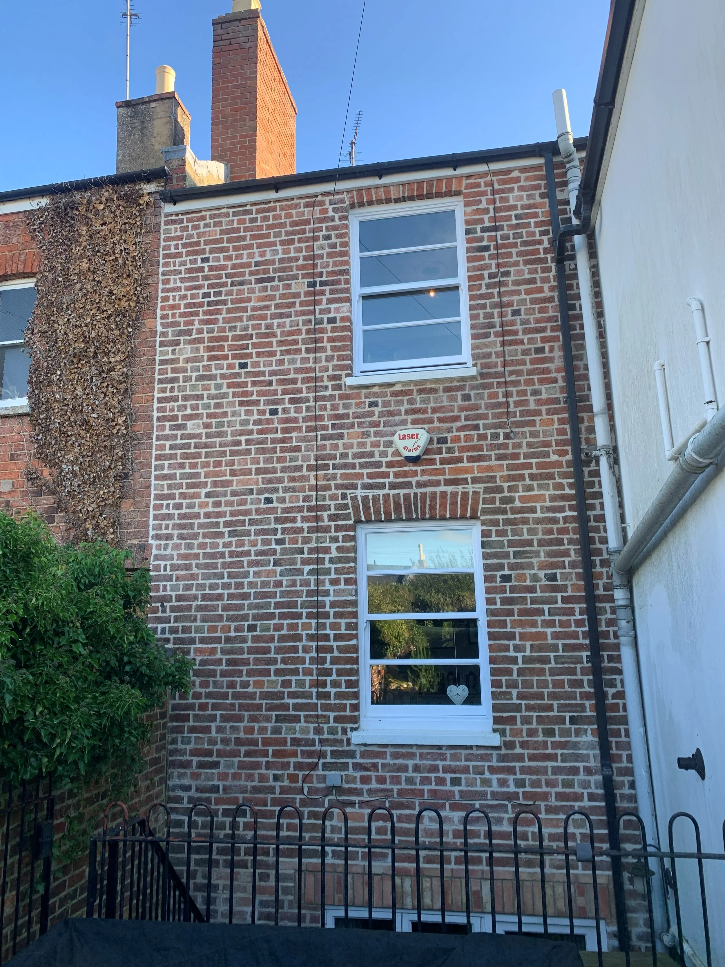 Backyard of a brick house with two large windows, a small tree with a fence, and a white door.