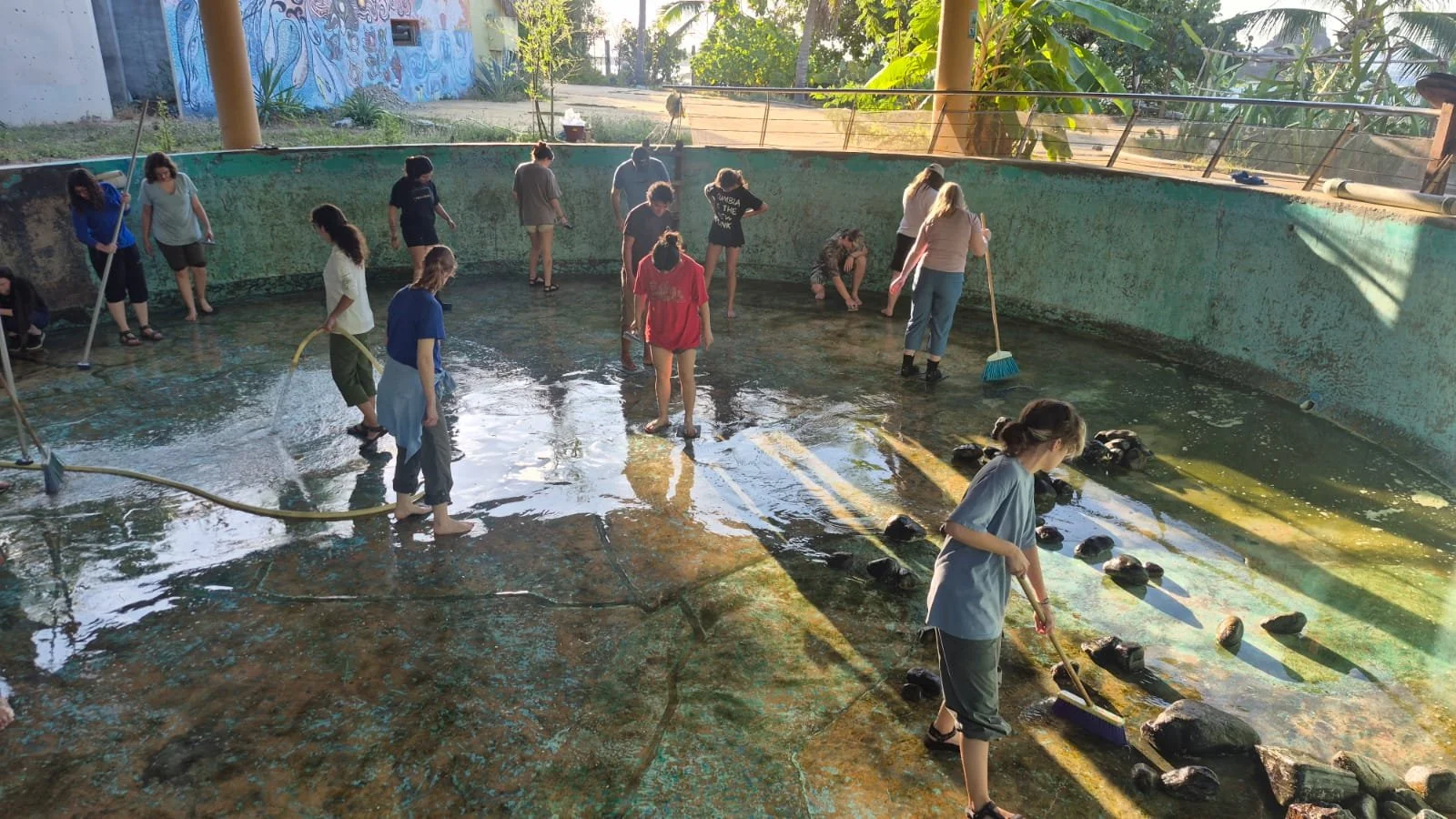 Group of people cleaning and tidying up an empty, worn-out swimming pool with brushes and hoses, some standing and some kneeling.