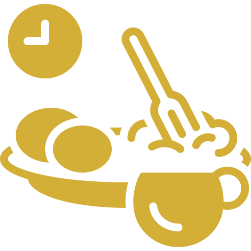 A bowl with a spoon, two eggs, and a clock in a simple gold outline style.