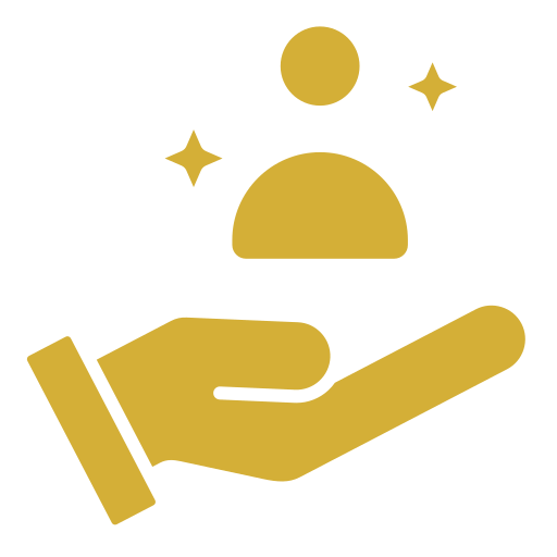 An illustrated gold hand holding a gold circle and two gold star shapes, with a black background.