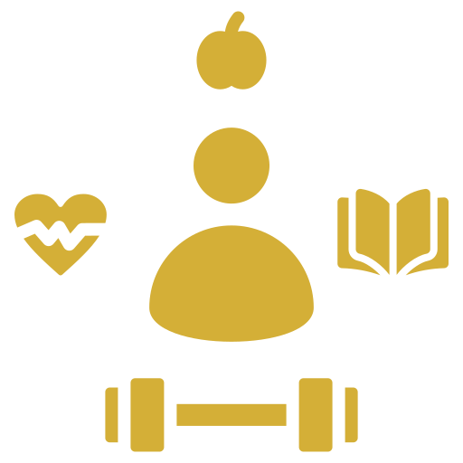 Icon of a person with a pumpkin head, a heart with a heartbeat line, an open book, and a dumbbell.