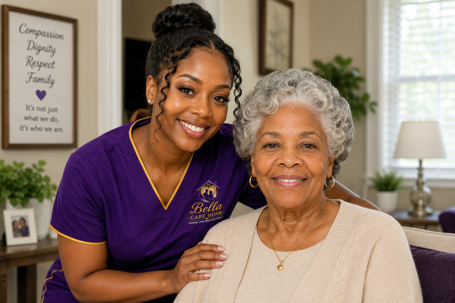 A young woman in purple care home uniform smiling next to an elderly woman with gray curly hair, sitting on a sofa in a cozy living room. The care worker has her hand on the elderly woman's shoulder, and both are smiling at the camera. The room has framed art and houseplants in the background.