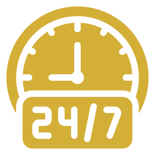 A clock showing 3:00 with a sign below indicating 24/7 availability.