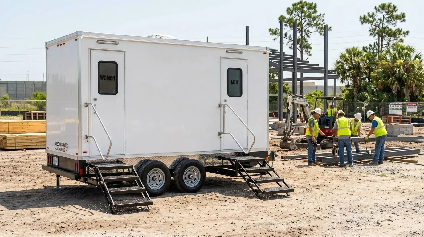 Construction site with workers in yellow safety vests and white helmets, and a portable restroom trailer with two stairs, labeled women and men, in the foreground.