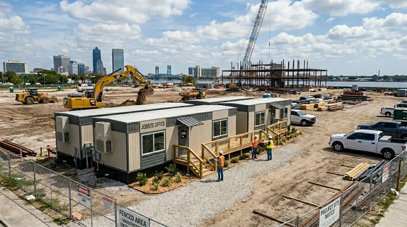 Construction site near a city skyline with a temporary jobsite office building, construction workers, heavy machinery, trucks, and buildings in the background.