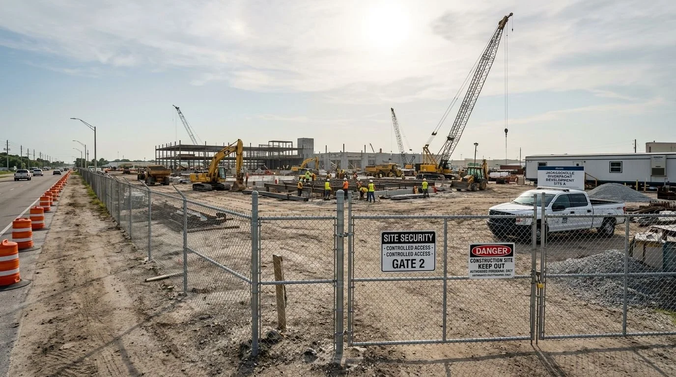 Construction site with cranes, construction workers, and building framework behind a fence along a road with orange traffic cones.