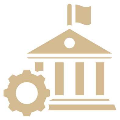 Icon of a government or institutional building with a flag, a gear representing settings or management, and traditional columns.