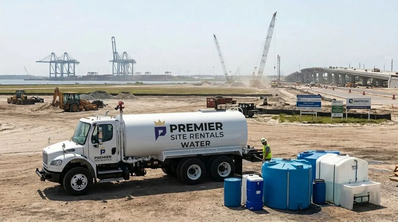 A construction site with a water tanker truck labeled 'Premier Site Rentals Water' and construction workers, machinery, and unfinished infrastructure in the background.