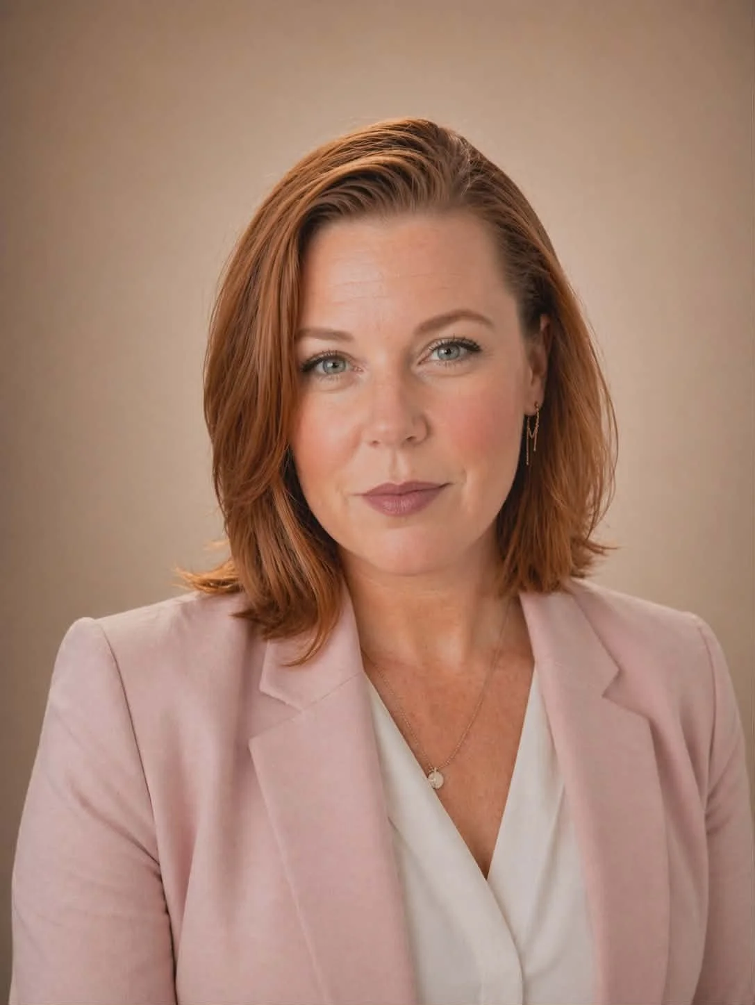 A woman with shoulder-length red hair, wearing a light pink blazer and a white top, looking directly at the camera with a slight smile.