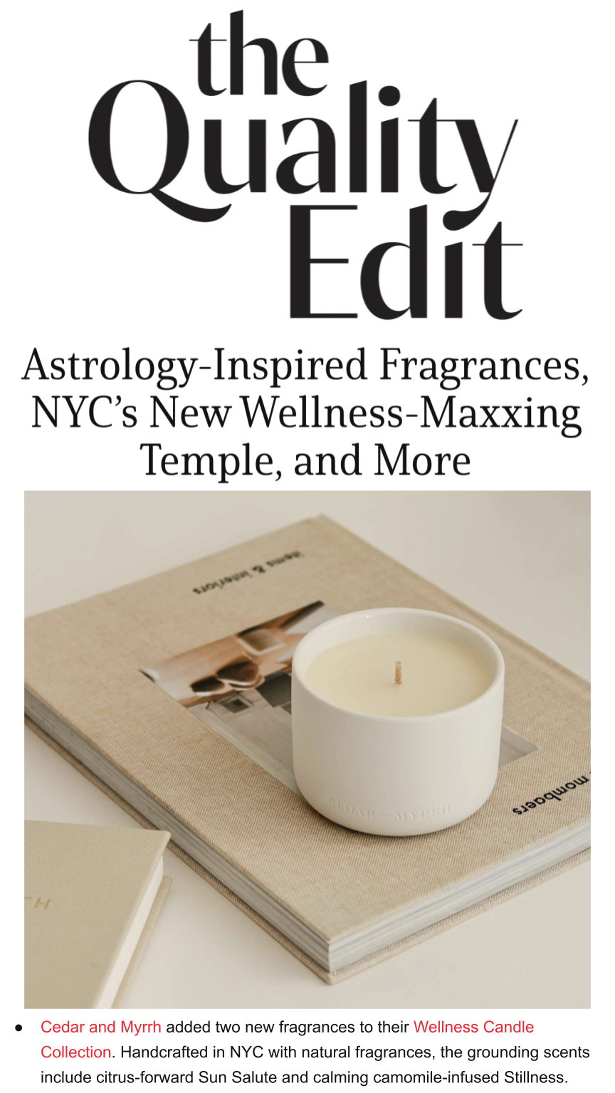Cedar & Myrrh's new wellness candle launches are covered by The Quality Edit's New Launch Digest
