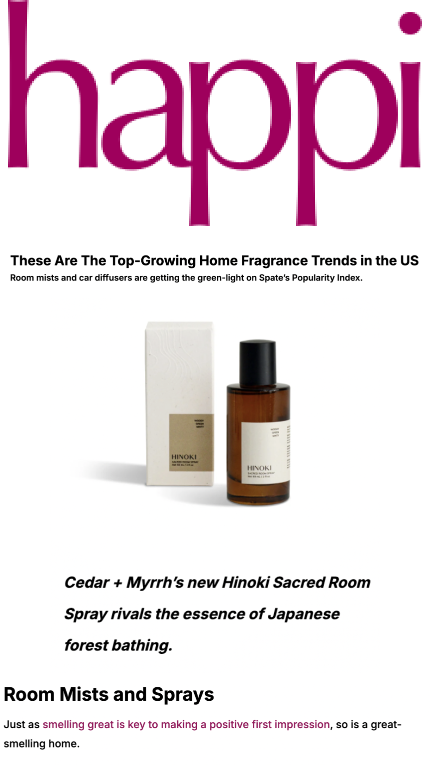Cedar & Myrrh's Hinoki Sacred Room Spray is named in HAPPI's home fragrance trends article