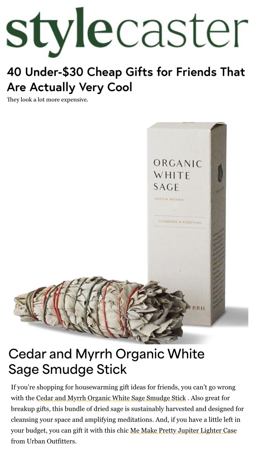 Cedar & Myrrh's Organic White Sage is listed as  one of the top affordable gifts of the season