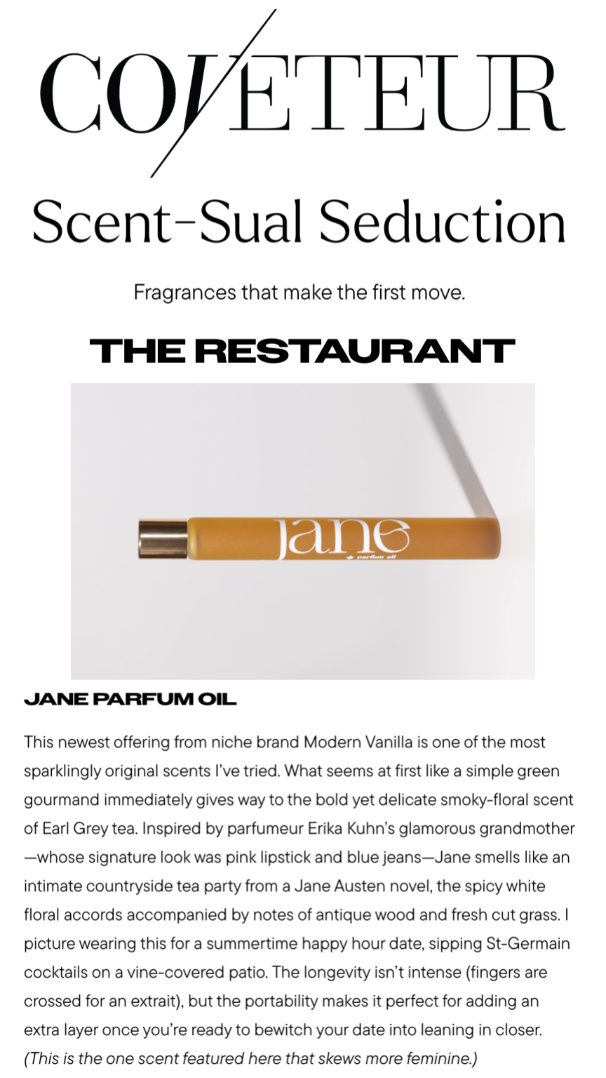 Coveteur prizes Jane Parfum Oil for its unique fragrance that's perfect for date night