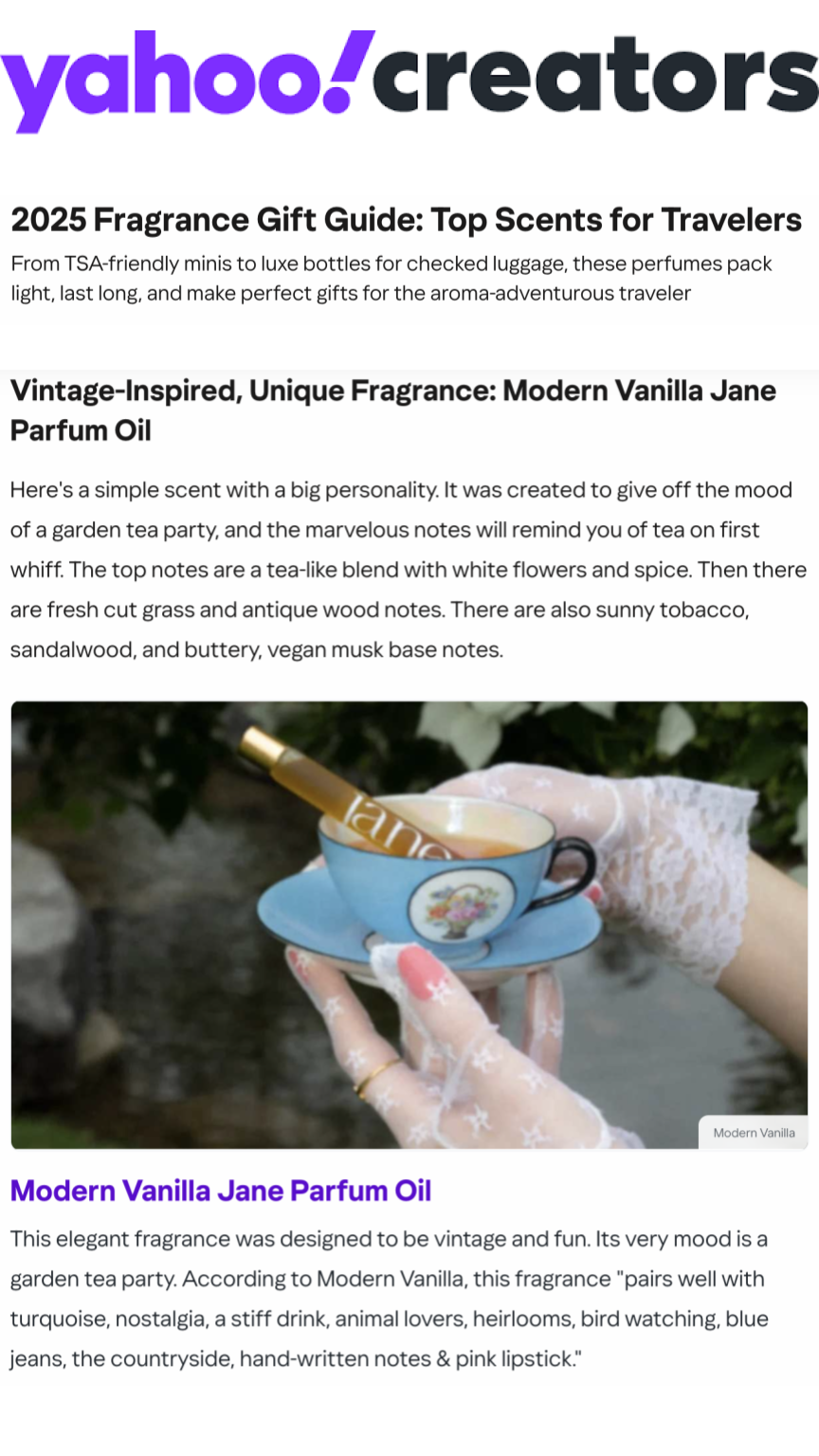 Yahoo Creators calls Jane Parfum Oil a top fragrance gift for avid travelers