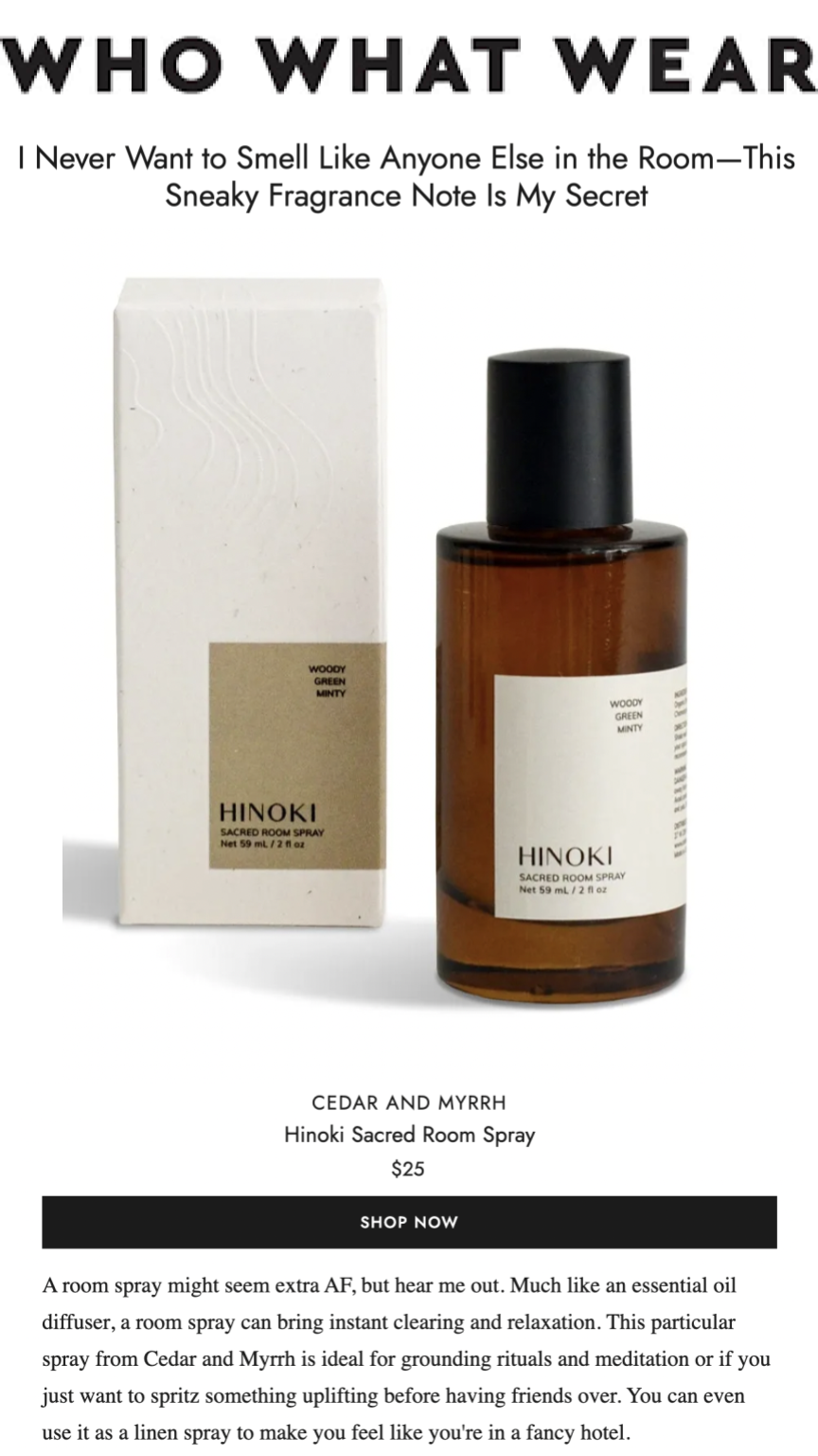 Cedar & Myrrh's Hinoki Sacred Room Spray is said to be perfect for grounding rituals and makes you feel like you're in a fancy hotel