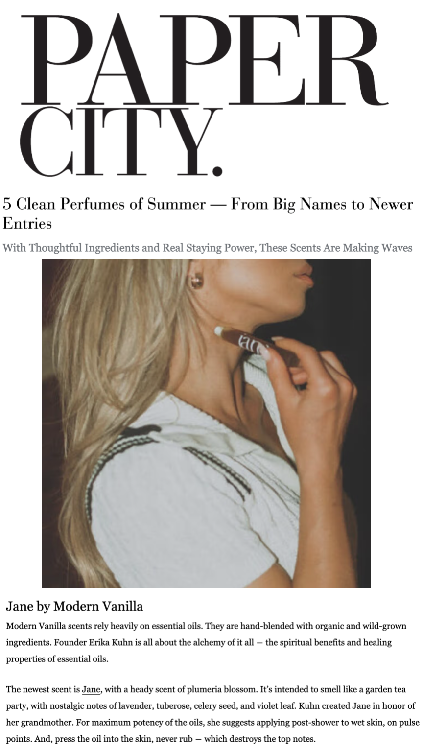 Paper City Magazine calls Jane Parfum Oil one of the top clean perfumes of the summer