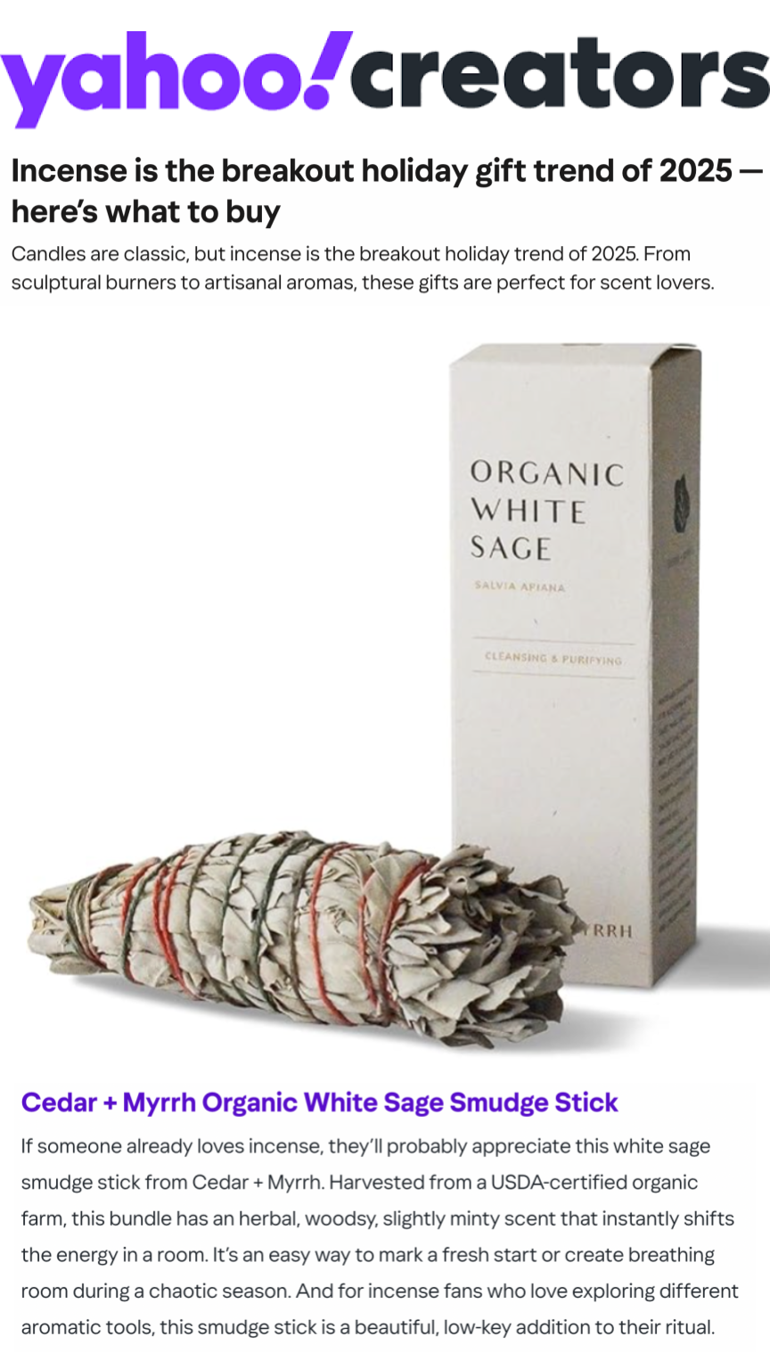Cedar & Myrrh's Organic White Sage is named one of the year's trendiest holiday gifts