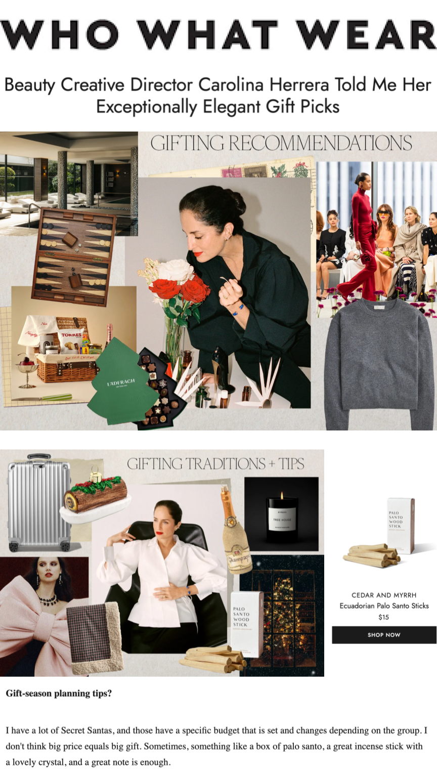 Tastemaker Carolina Herrera Jr. recommends Palo Santo for chic but affordable holiday gifting.