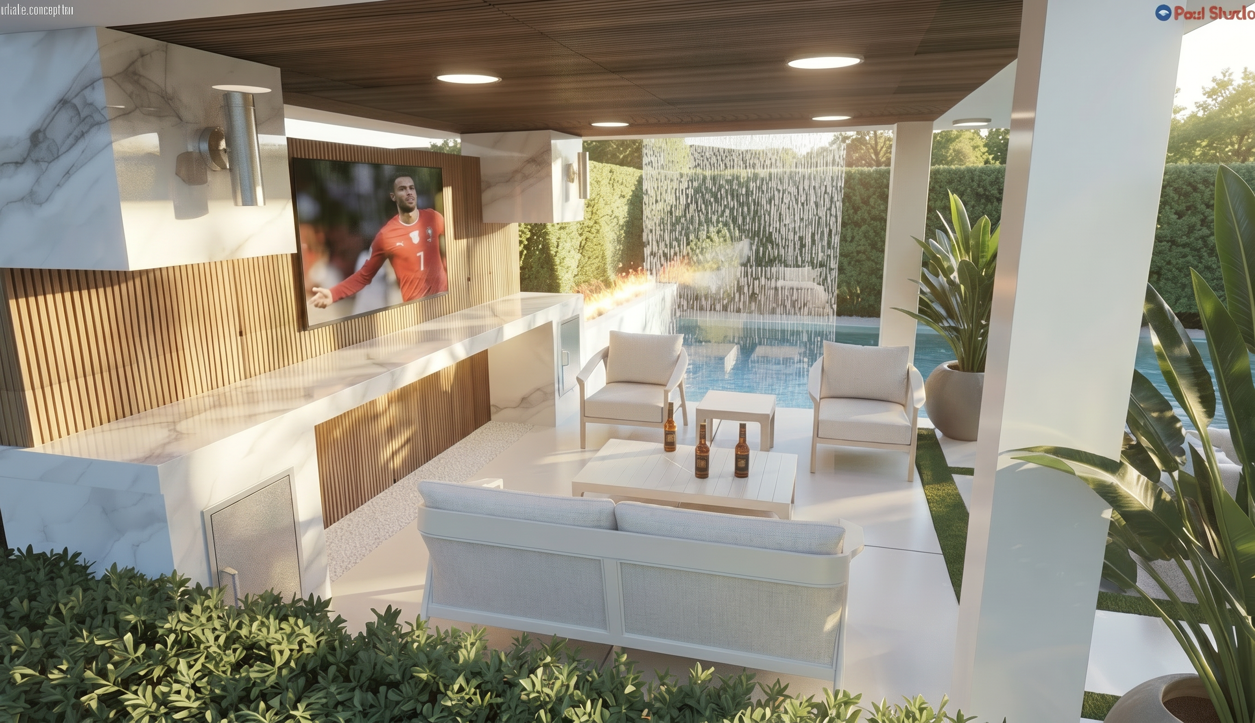 Outdoor poolside lounge area with white chairs, a coffee table with bottles, a large potted plant, a marble and wood-wall entertainment setup, and a waterfall feature, with trees and greenery in the background.