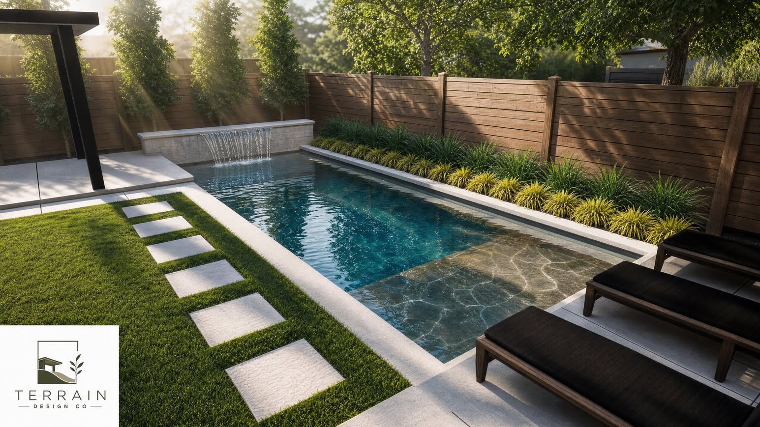 What you see is what you get.

Swipe to compare: our detailed 3-D rendering, then the finished build. The pool, the waterfall feature wall, the stepping stones, the planting lines along the fence &mdash; designed first, executed exactly as drawn.

Th