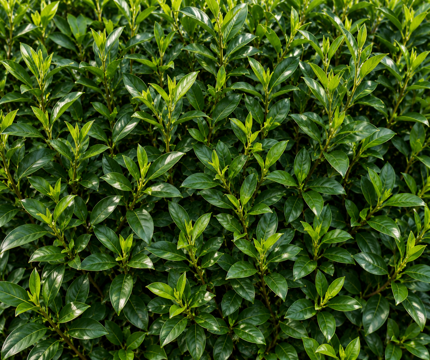 Close-up of dense green foliage with shiny, elliptical leaves.