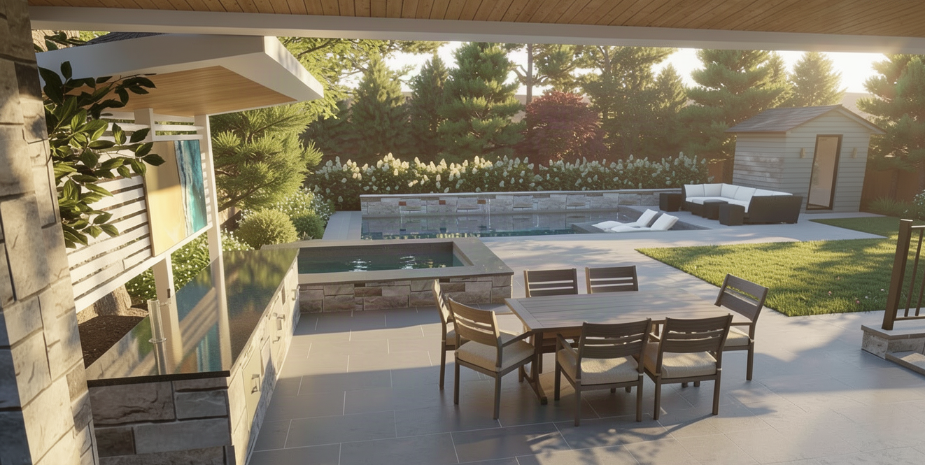 Backyard patio with outdoor kitchen, hot tub, pool, seating area, and garden with trees and flowers during sunset.