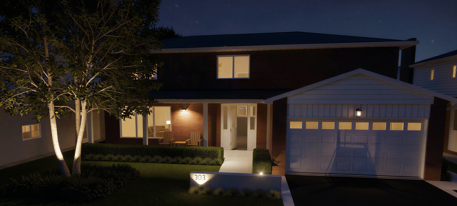 Front view of a modern two-story house with illuminated windows and exterior lights at night, featuring a white garage door, a porch with two chairs, landscaped garden, and a house number 303 on a white sign