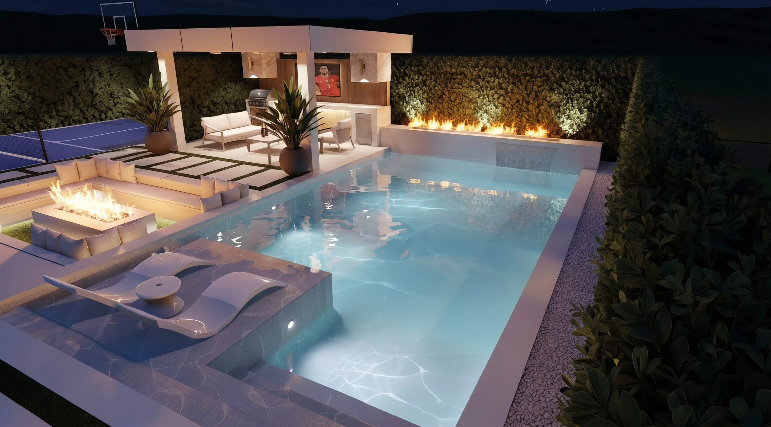 Nighttime view of a luxury backyard pool area with a swimming pool, fire pit, lounge chairs, seating area, potted plants, basketball hoop, and a fire feature on a textured walkway, surrounded by a hedge with water feature.