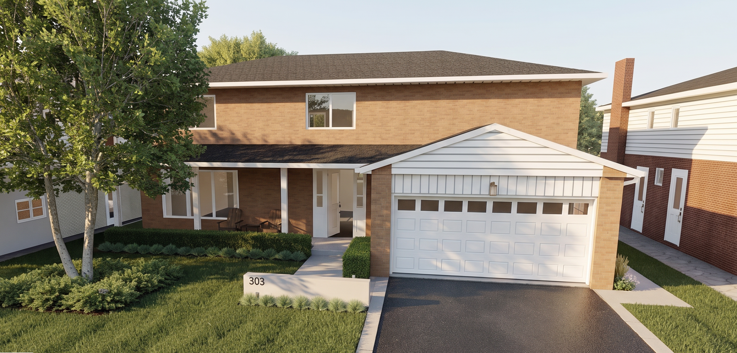 A modern two-story house with a brick facade, a white garage door, a small front porch with two chairs, surrounded by greenery and trees, with the street number 303 on a small white sign.