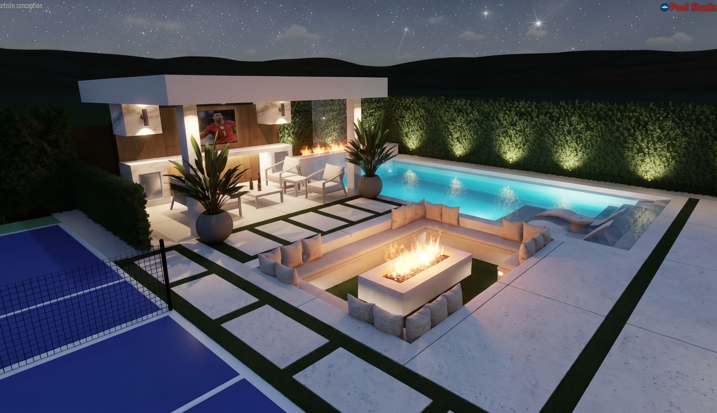 A modern backyard at night featuring a swimming pool, fire pit with seating, and a covered lounge area with outdoor furniture. The space is illuminated with ambient lighting and a starry sky above.