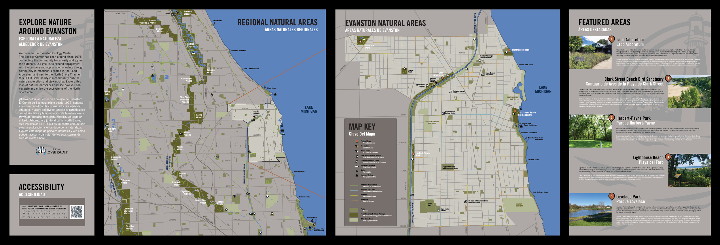 Map of Evanston, Michigan featuring regional natural areas, Evanston natural areas, and featured areas such as Ladd Arboretum, Clark Street Beach Bird Sanctuary, Harbert-Payne Park, Lighthouse Beach, and Lovelace Park, with descriptions and a map key.