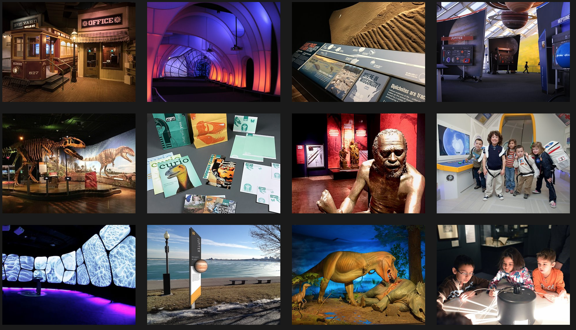 A collage of nine images from a science museum, including exhibits like dinosaur skeletons, space displays, interactive activities for children, and informational panels.