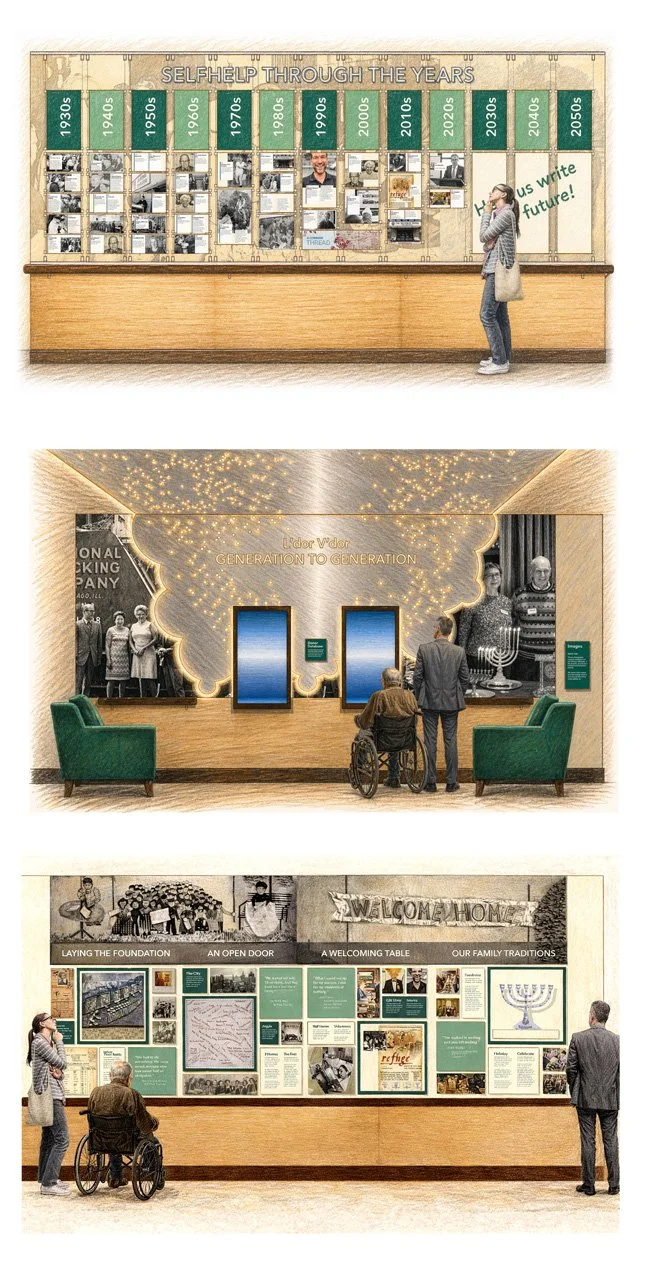 Exhibition display with three sections: a timeline showcasing self-help books from the 1930s to 2050s, a generational story section with family photos and a menorah, and a historical display about Jewish traditions with photos, texts, and a welcome message.