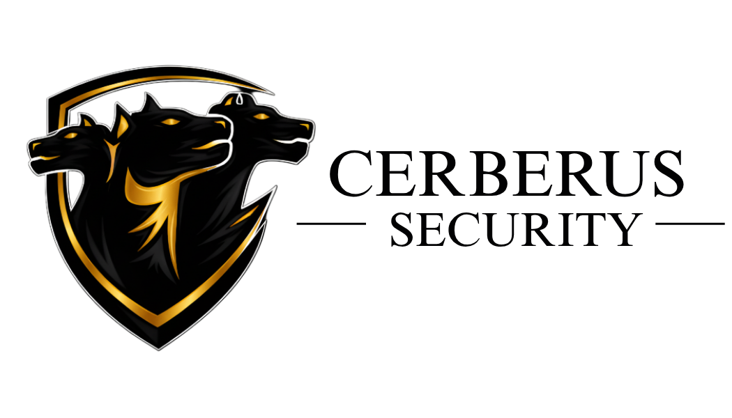 Logo with three black and gold panther heads inside a shield, with text "CEREBRUS SECURITY" to the right.