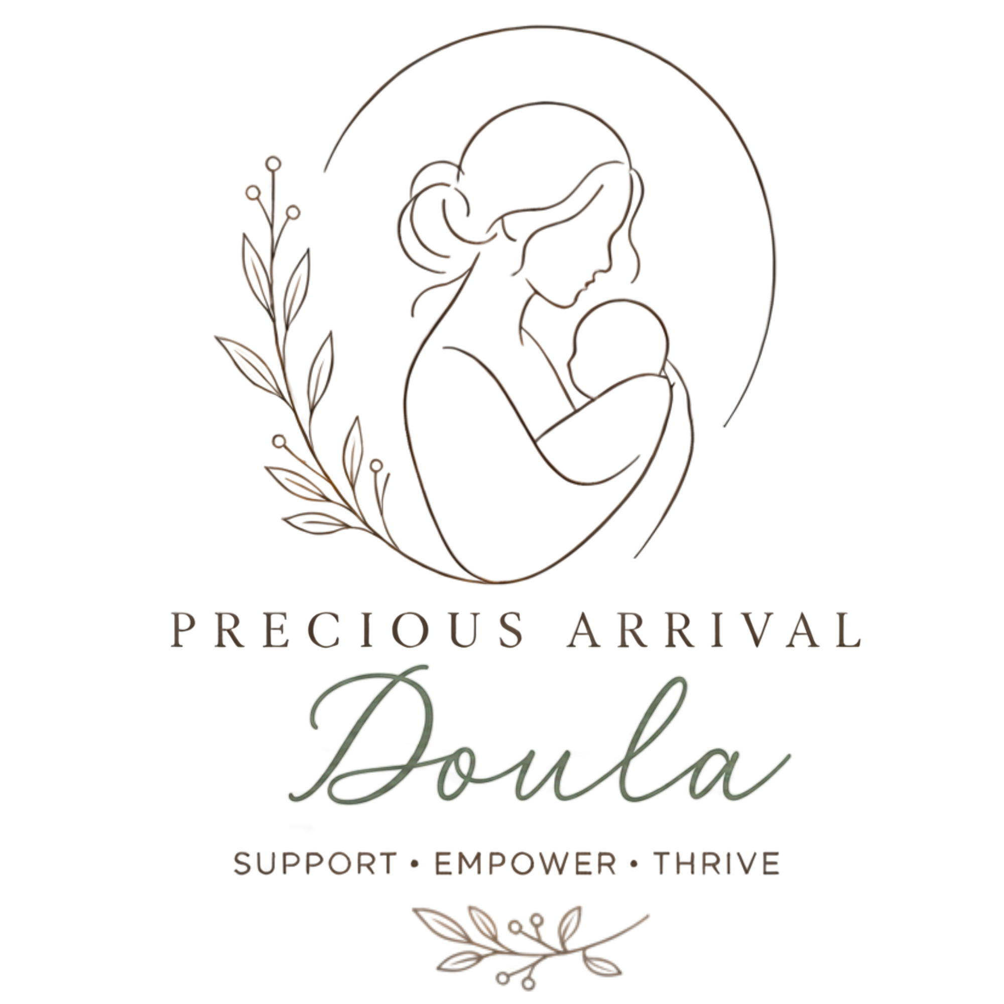 A logo with a stylized outline of a woman wearing a face mask, surrounded by decorative leaves. The text reads 'Precious Artemia' with additional words 'Support Empower Serve' underneath.