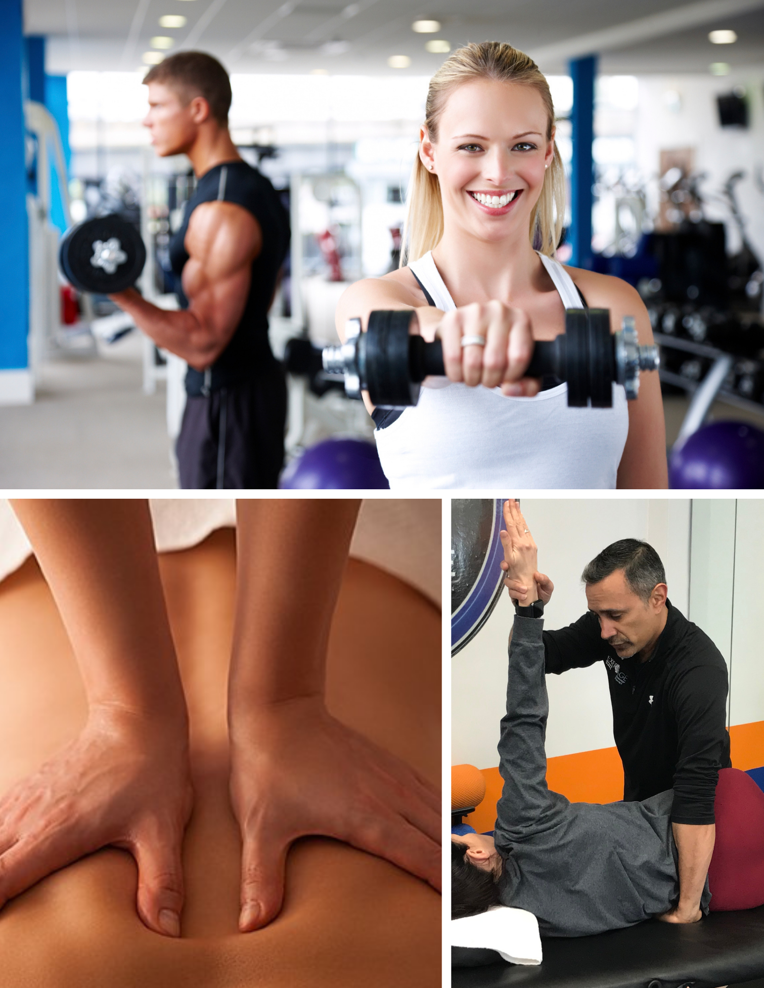 A woman in a gym holding a dumbbell, smiling at the camera, with a man in the background lifting weights. Another man stretching a woman. A person receiving a back massage.
