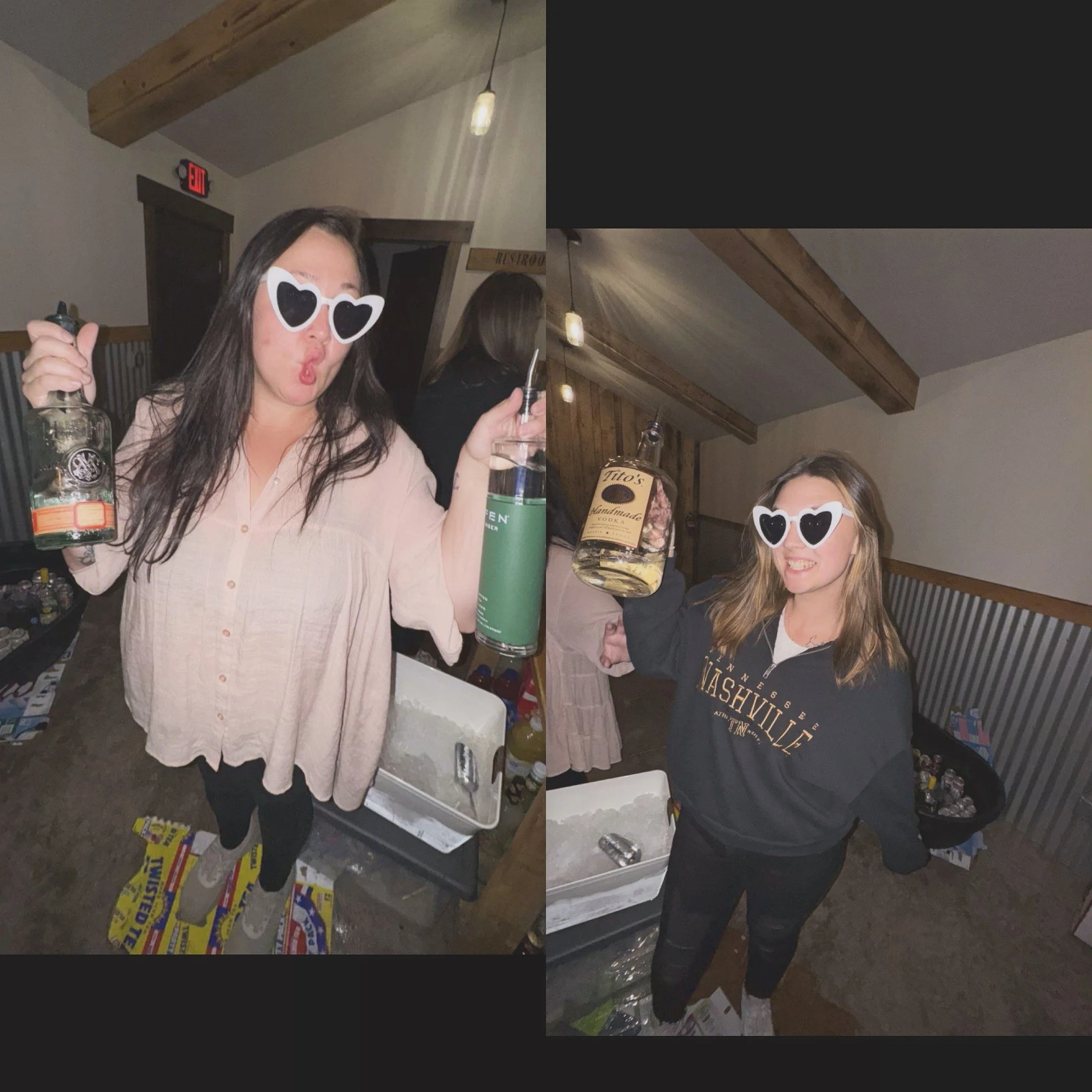 Two women in a party setting wearing heart-shaped sunglasses, holding bottles of alcohol, and smiling.
