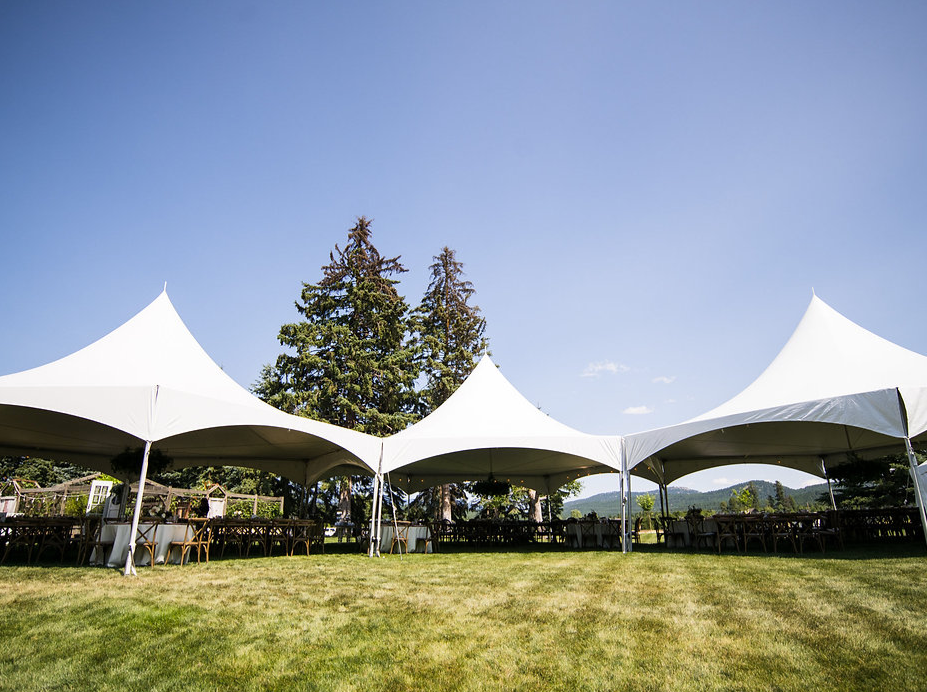 Large outdoor event tent set up on a grassy field with tables and chairs underneath, trees in the background, under a clear blue sky.